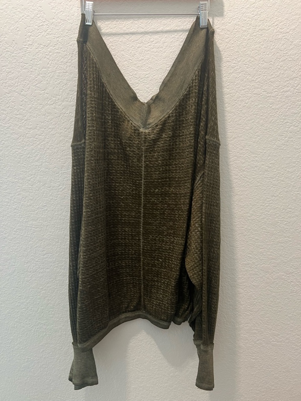 We The Free Oversized Thermal Waffle Knit Top XL Olive Green Slouchy Boho - Picture 3 of 3